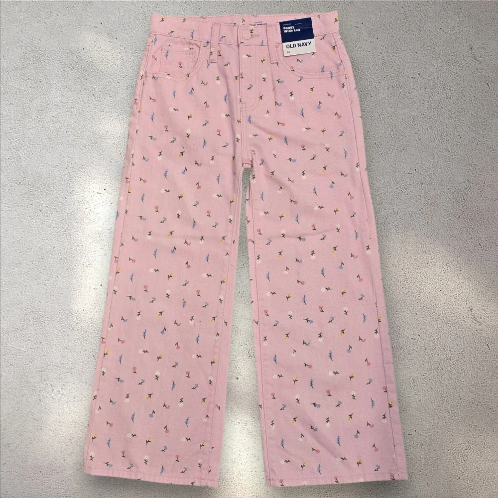 Old Navy‎ Pastel Pink Floral High-Waisted Baggy Wide-Leg Jeans Girls Size 10